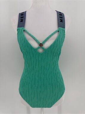 Salty Mermaid Aqua Shimmer‎ Crinkle One Piece Swimsuit Size Large Mermaidcore